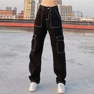 Black Contrast Stitching Cargo Pants